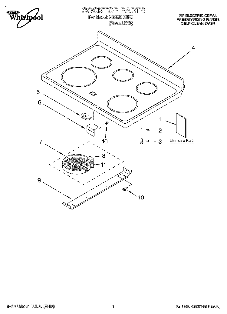 COOKTOP, LITERATURE Diagram and Parts List for GR399LXHS0  Whirlpool Range