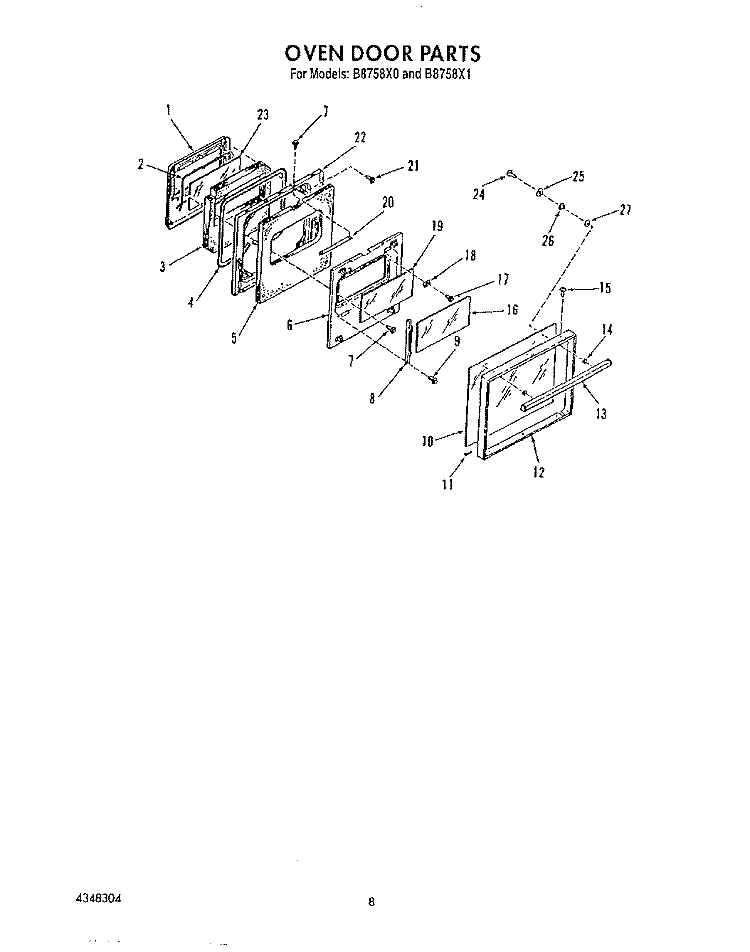 OVEN DOOR, LIT/OPTIONAL Diagram and Parts List for B8758X0  Roper Wall Oven