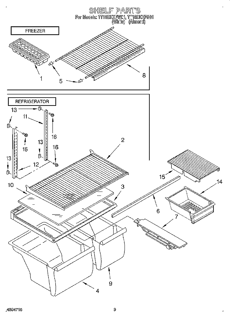 SHELF, LIT/OPTIONAL Diagram and Parts List for TT18DKXFW01  Estate Refrigerator