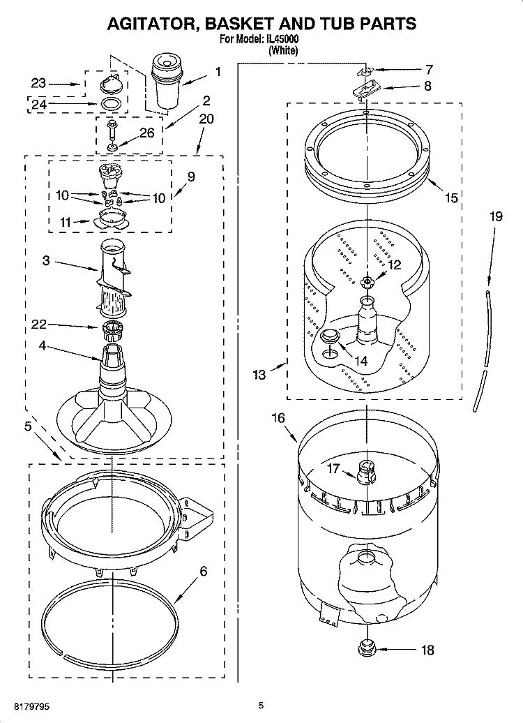 AGITATOR, BASKET AND TUB PARTS Diagram and Parts List for IL45000  Inglis Washer