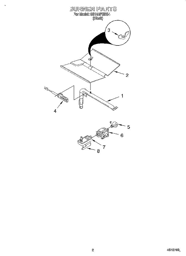 BURNER Diagram and Parts List for SB100PEDB4  Whirlpool Range