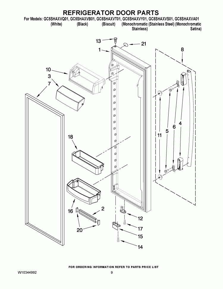 REFRIGERATOR DOOR PARTS Diagram and Parts List for GC5SHAXVY01  Whirlpool Refrigerator