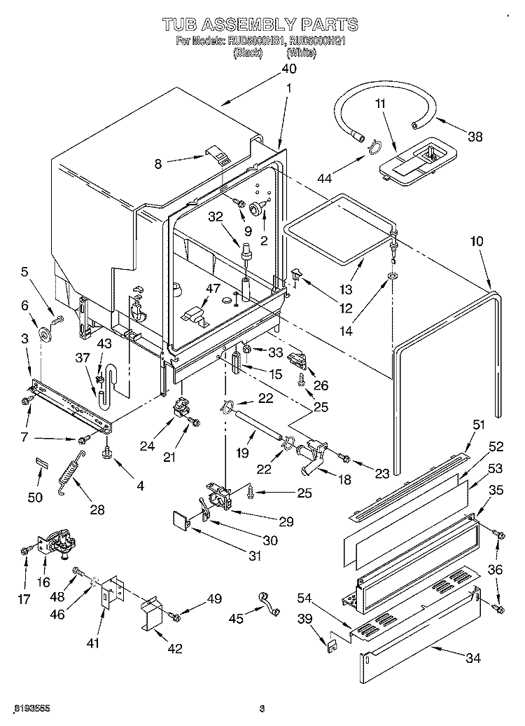 TUB ASSEMBLY Diagram and Parts List for RUD5000HB1  Roper Dishwasher