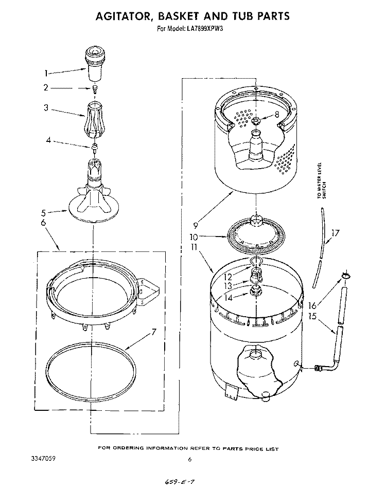 AGITATOR, BASKET AND TUB Diagram and Parts List for LA7899XPW3  Whirlpool Washer