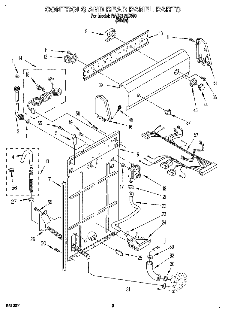 CONTROLS AND REAR PANEL Diagram and Parts List for RAB2132DW0  Roper Washer