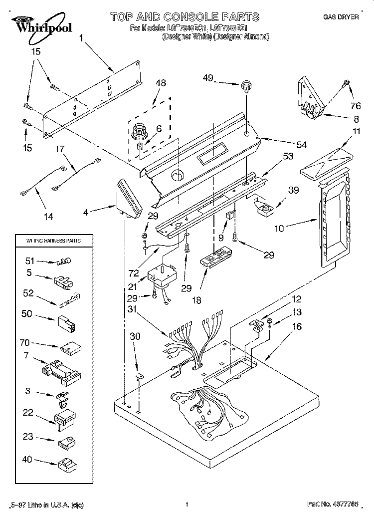 TOP AND CONSOLE, LIT/OPTIONAL Diagram and Parts List for LGT7646EQ1  Whirlpool Dryer