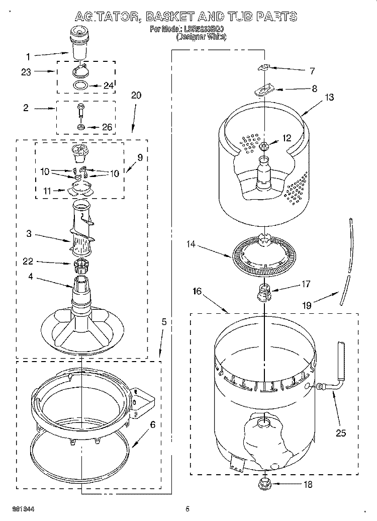 AGITATOR, BASKET AND TUB Diagram and Parts List for LSR5233EQ0  Whirlpool Washer