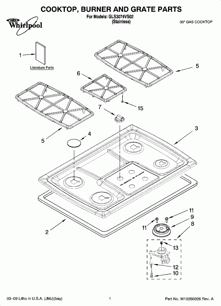 COOKTOP, BURNER AND GRATE PARTS Diagram and Parts List for GLS3074VS02  Whirlpool Cooktop