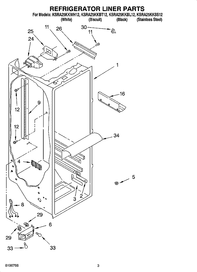 REFRIGERATOR LINER PARTS Diagram and Parts List for KSRA25KKBT12  KitchenAid Refrigerator