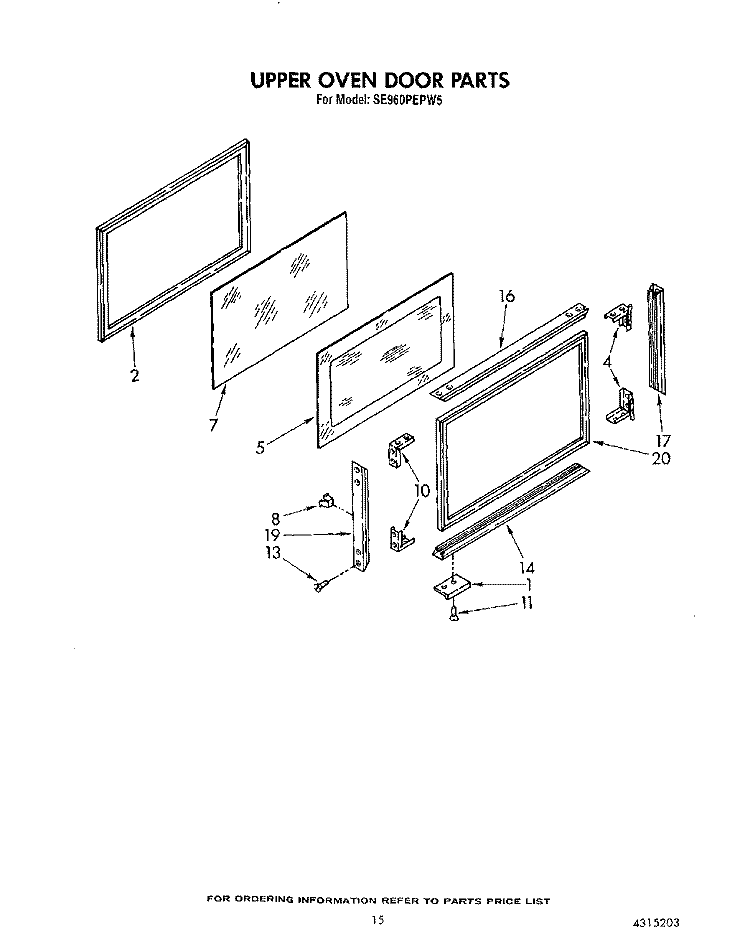 UPPER OVEN DOOR Diagram and Parts List for SE960PEPW5  Whirlpool Range