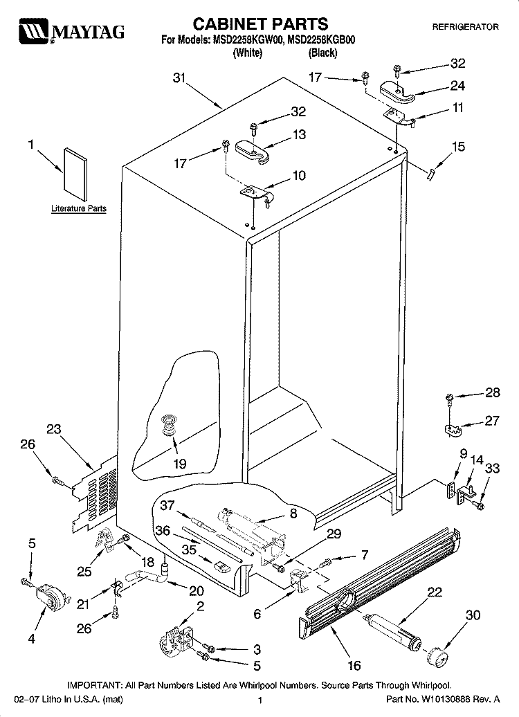 CABINET PARTS Diagram and Parts List for MSD2258KGW00  Whirlpool Refrigerator