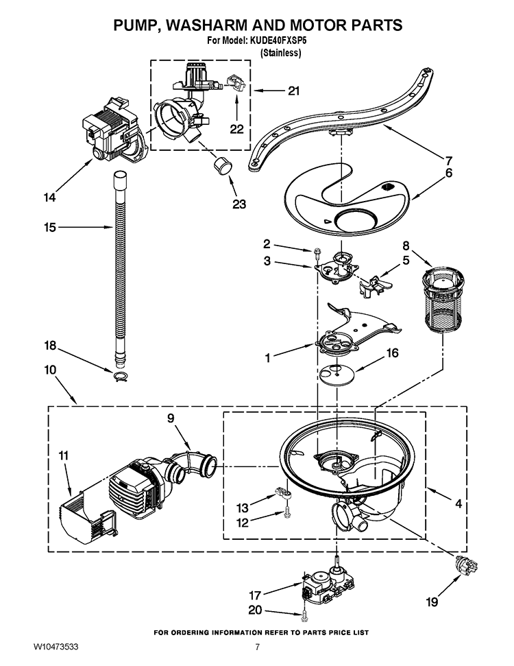 PUMP, WASHARM AND MOTOR PARTS Diagram and Parts List for KUDE40FXSP5  KitchenAid Dishwasher