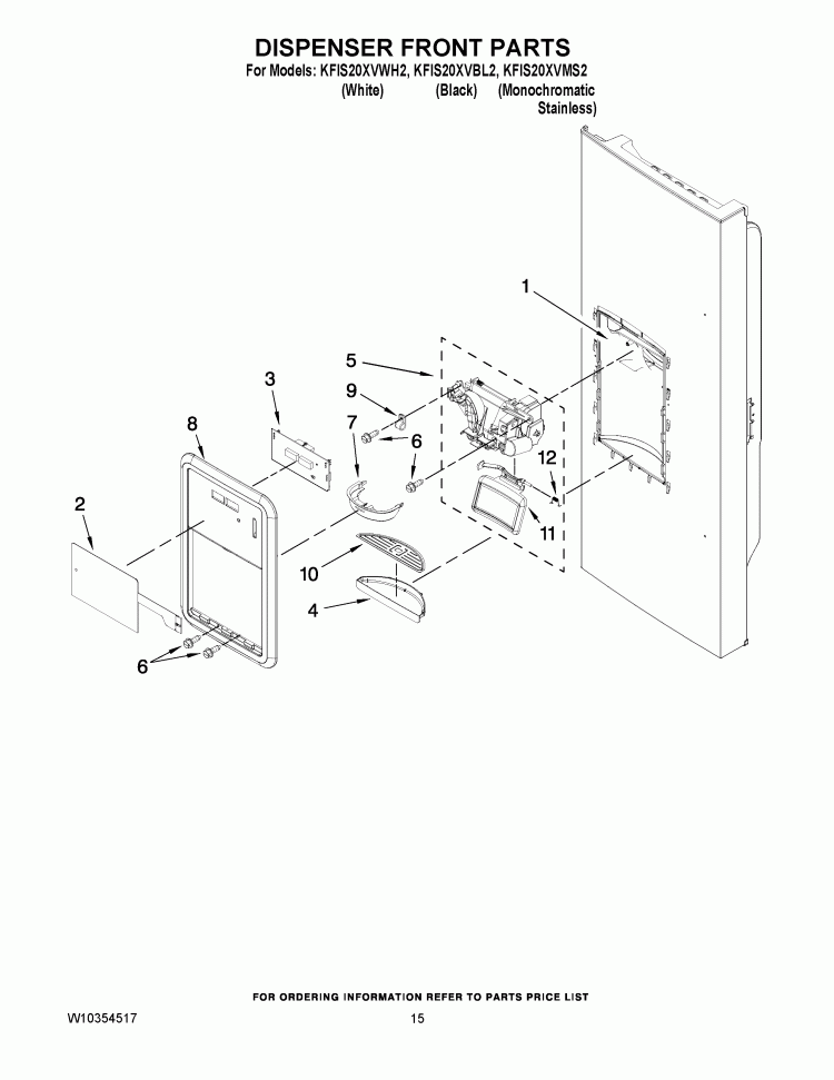 DISPENSER FRONT PARTS Diagram and Parts List for KFIS20XVBL2  KitchenAid Refrigerator