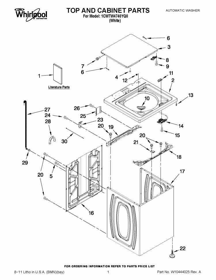 TOP AND CABINET PARTS Diagram and Parts List for 1CWTW4740YQ0  Whirlpool Washer