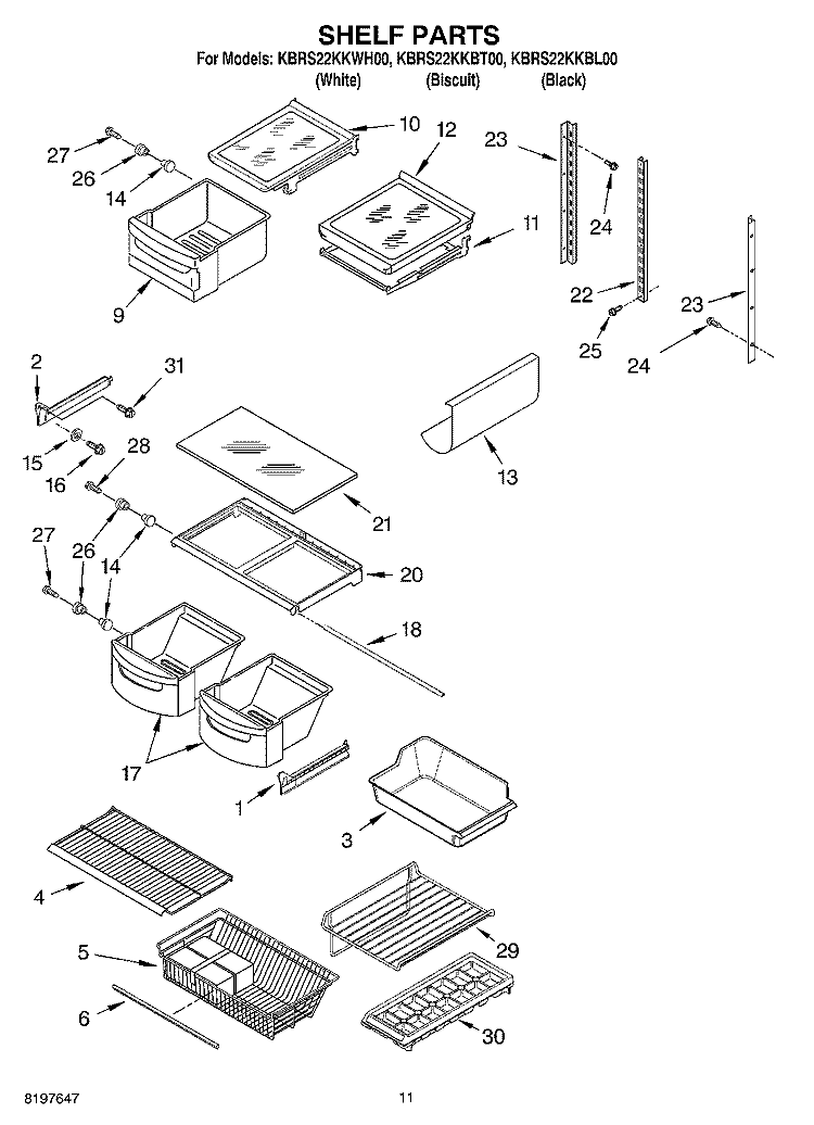 SHELF, OPTIONAL Diagram and Parts List for KBRS22KKBT00  KitchenAid Refrigerator