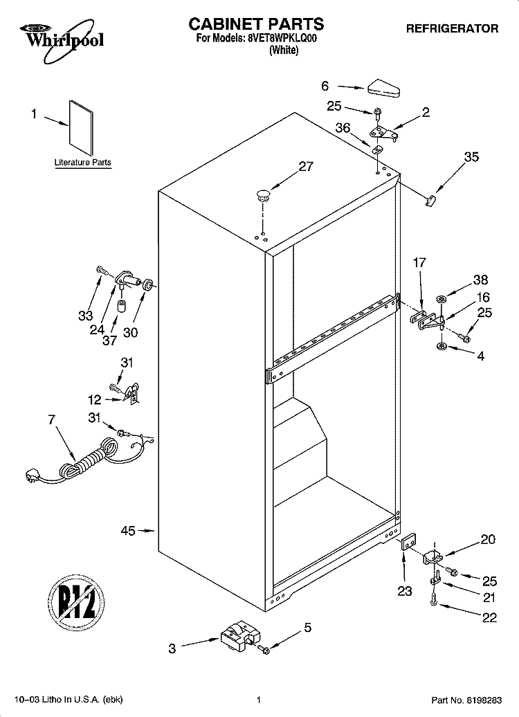 CABINET PARTS Diagram and Parts List for 8VET8WPKLQ00  Whirlpool Refrigerator