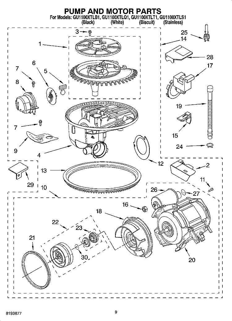 PUMP AND MOTOR PARTS Diagram and Parts List for GU1100XTLS1  Whirlpool Dishwasher