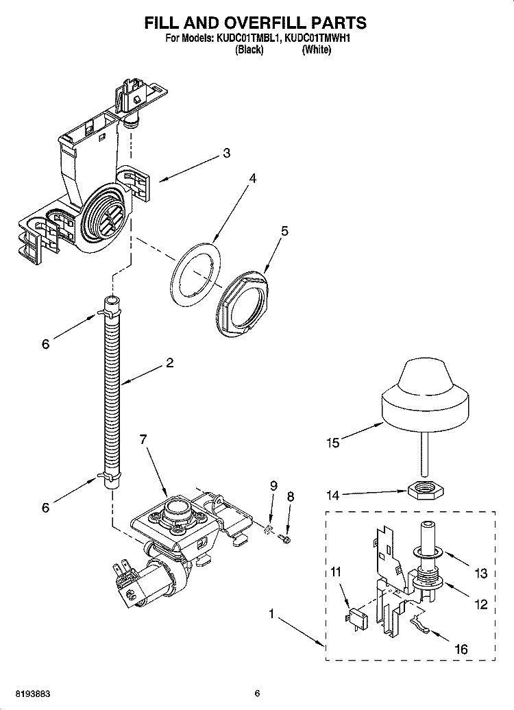 FILL AND OVERFILL PARTS Diagram and Parts List for KUDC01TMBL1  KitchenAid Dishwasher