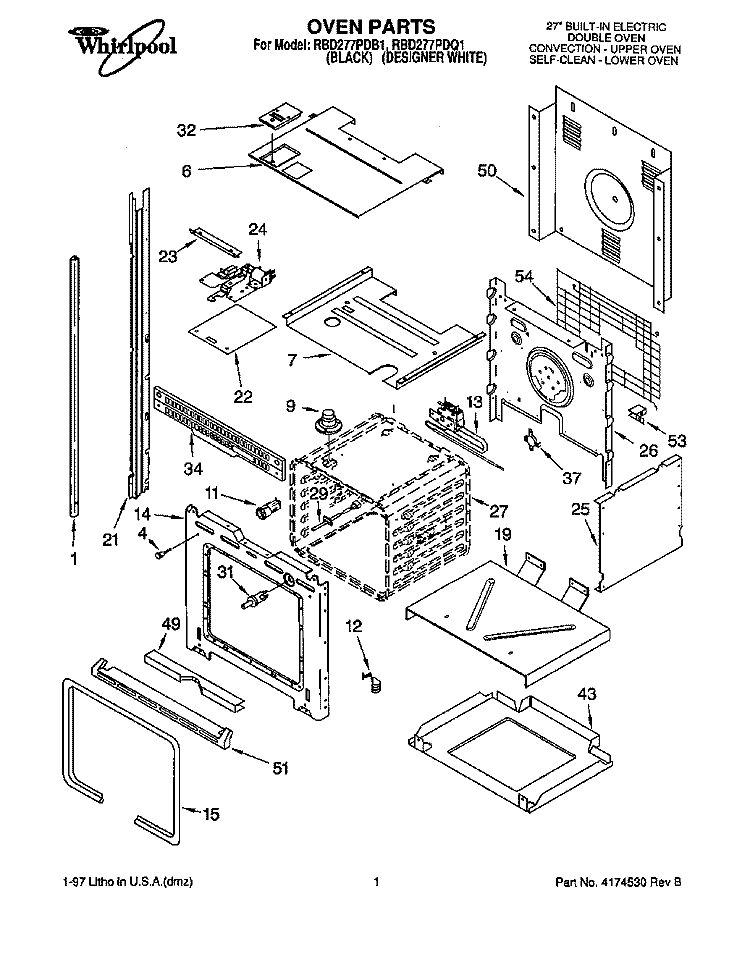 OVEN Diagram and Parts List for RBD277PDQ1  Whirlpool Wall Oven