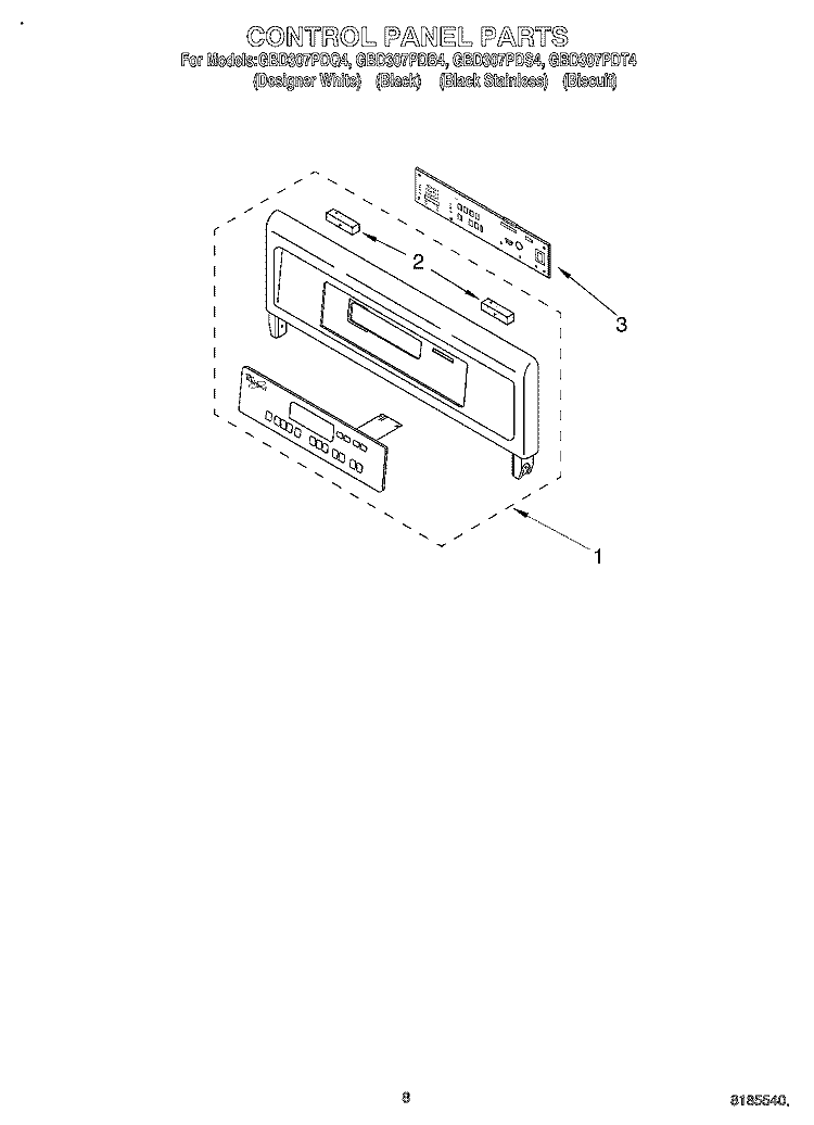 CONTROL PANEL Diagram and Parts List for GBD307PDB4  Whirlpool Wall Oven