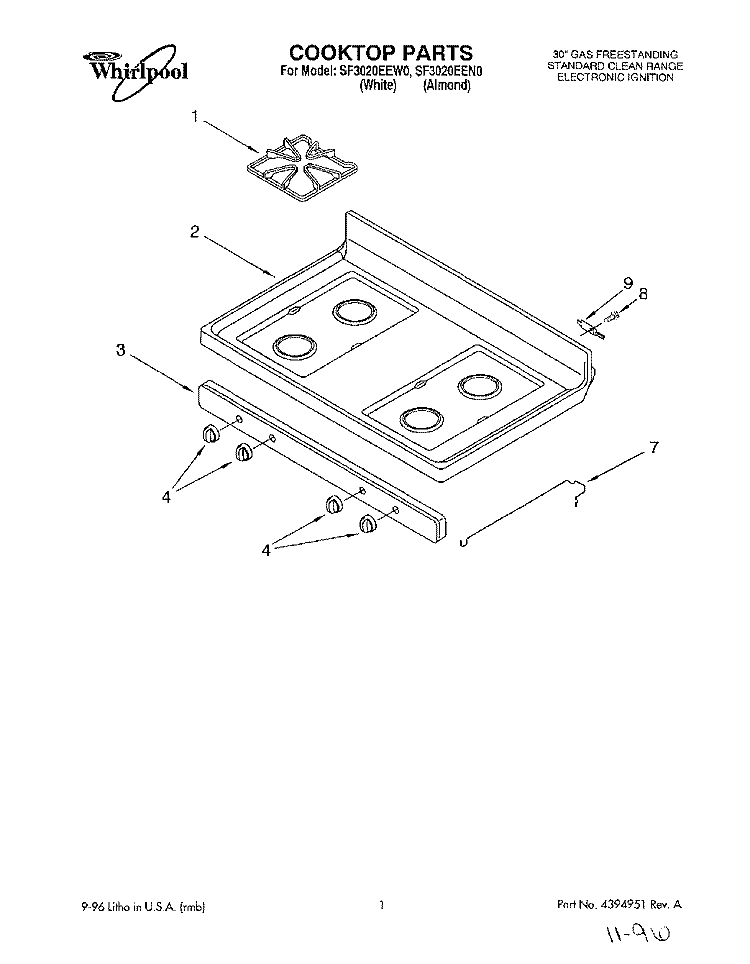 COOKTOP Diagram and Parts List for SF3020EEW0  Whirlpool Range