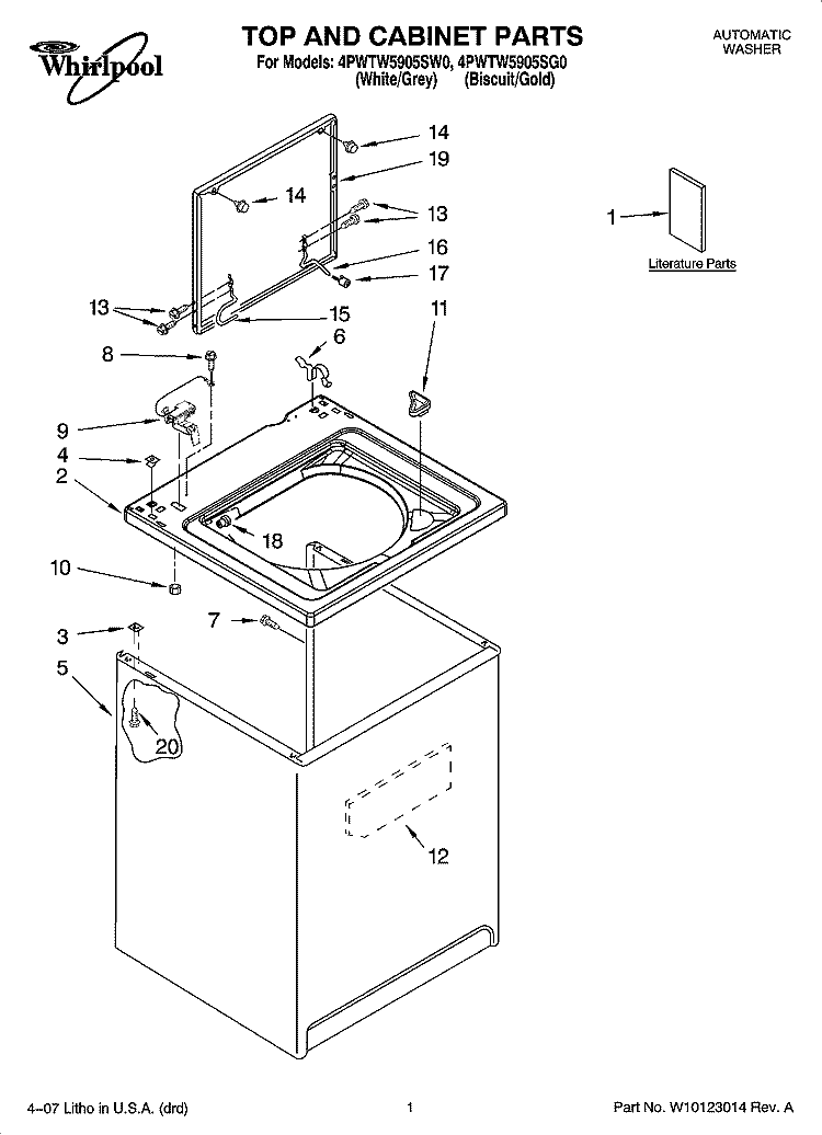 TOP AND CABINET PARTS Diagram and Parts List for 4PWTW5905SG0  Whirlpool Washer