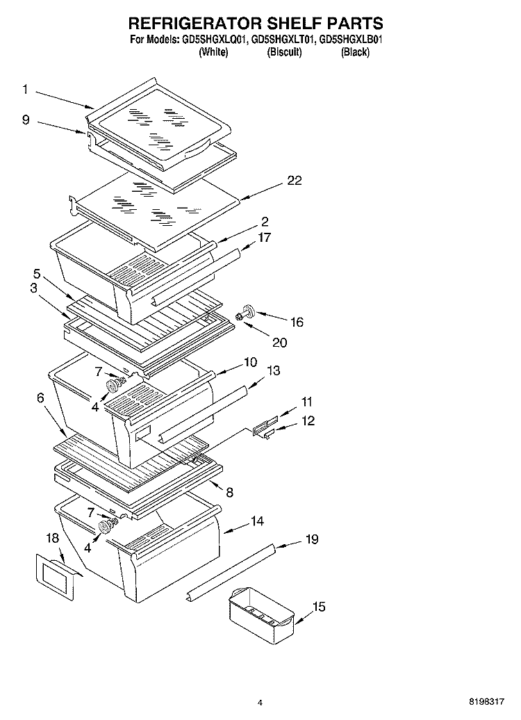 REFRIGERATOR SHELF PARTS Diagram and Parts List for GD5SHGXLT01  Whirlpool Refrigerator
