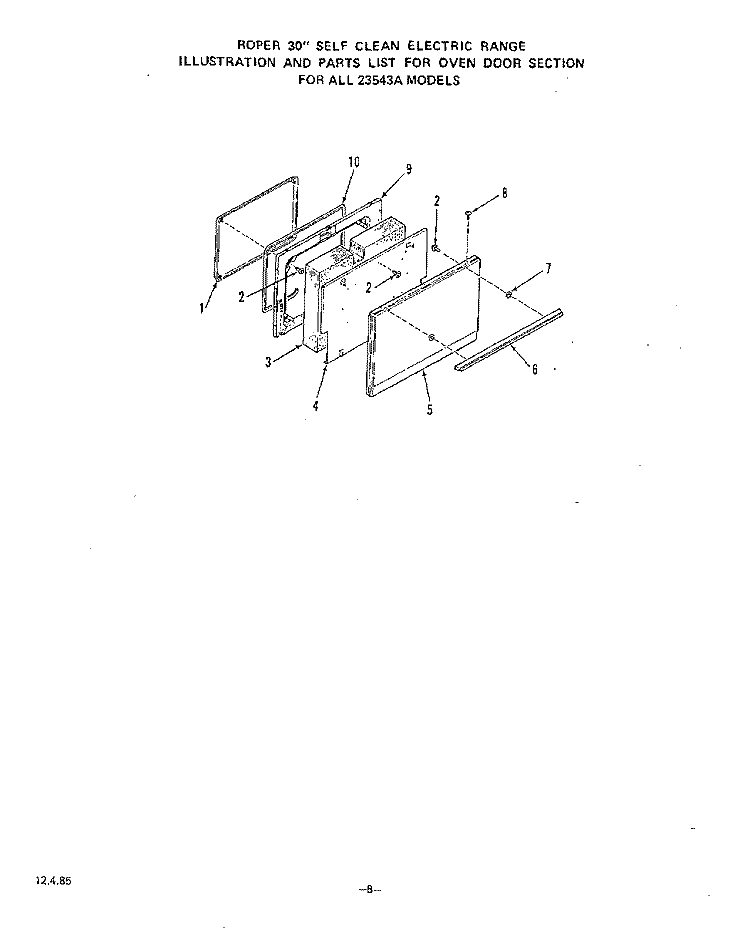 OVEN DOOR Diagram and Parts List for 2364W3A  Roper Range
