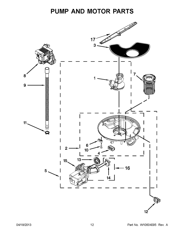 PUMP AND MOTOR PARTS Diagram and Parts List for WDF530PSYB5  Whirlpool Dishwasher