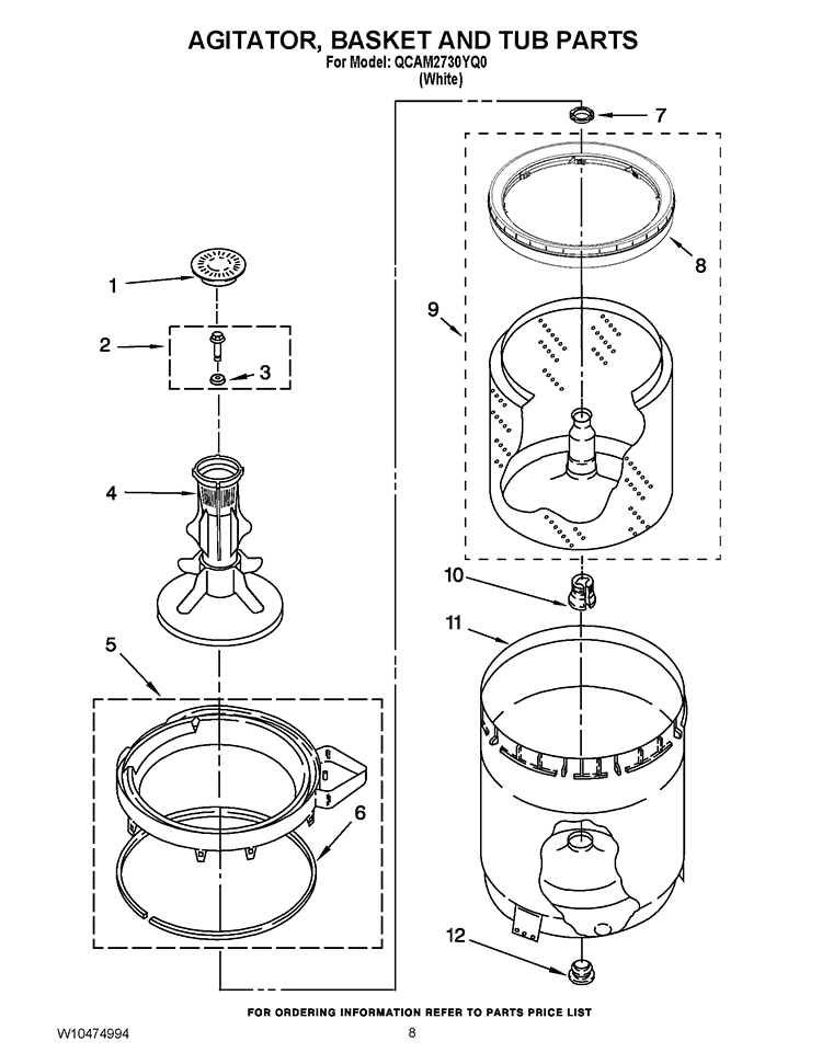 AGITATOR, BASKET AND TUB PARTS Diagram and Parts List for QCAM2730YQ0  Whirlpool Washer