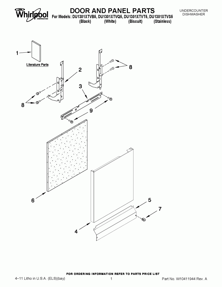 DOOR AND PANEL PARTS Diagram and Parts List for DU1301XTVQ5  Whirlpool Dishwasher