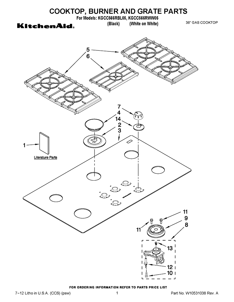 COOKTOP, BURNER AND GRATE PARTS Diagram and Parts List for KGCC566RBL05  KitchenAid Cooktop