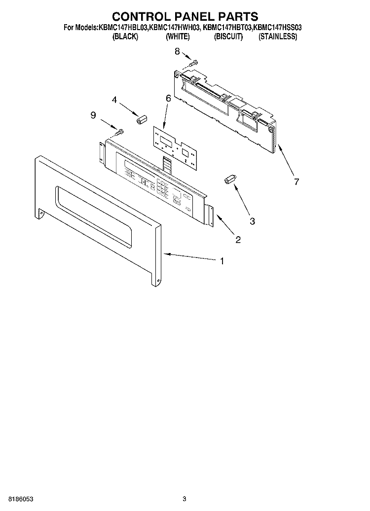 CONTROL PANEL PARTS Diagram and Parts List for KBMC147HBL03  KitchenAid Microwave Oven Combo