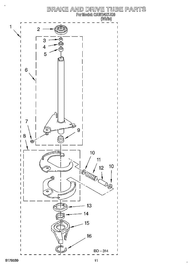 BRAKE AND DRIVE TUBE Diagram and Parts List for CAWB427JQ0  Crosley Washer