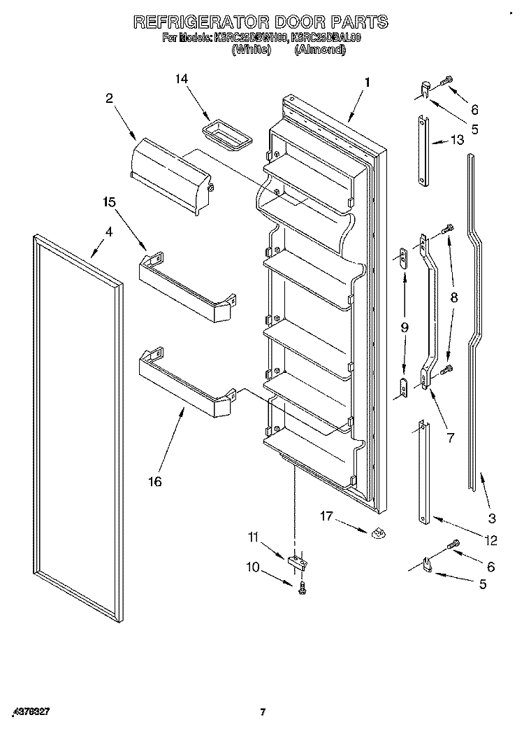 REFRIGERATOR DOOR Diagram and Parts List for KSRC25DBAL00  KitchenAid Refrigerator