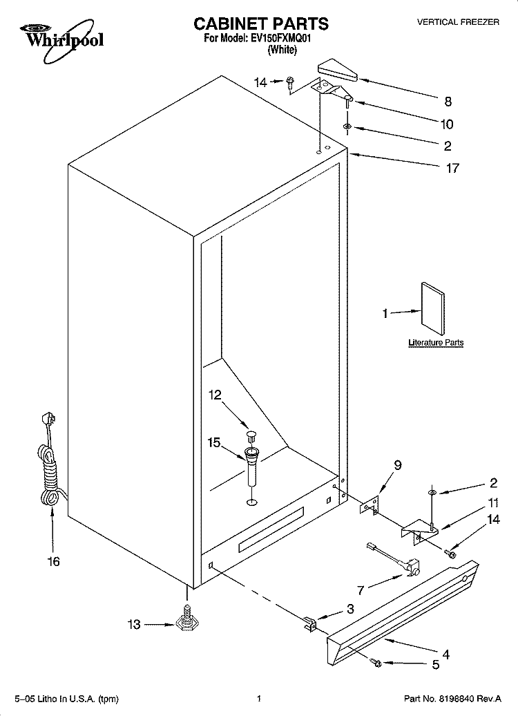 CABINET PARTS Diagram and Parts List for EV150FXMQ01  Whirlpool Freezer