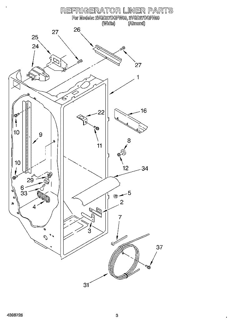 REFRIGERATOR LINER Diagram and Parts List for 2VGD27DQFW00  Whirlpool Refrigerator