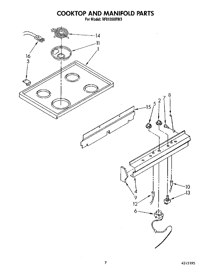 COOKTOP AND MANIFOLD Diagram and Parts List for RF0100XRW3  Whirlpool Range