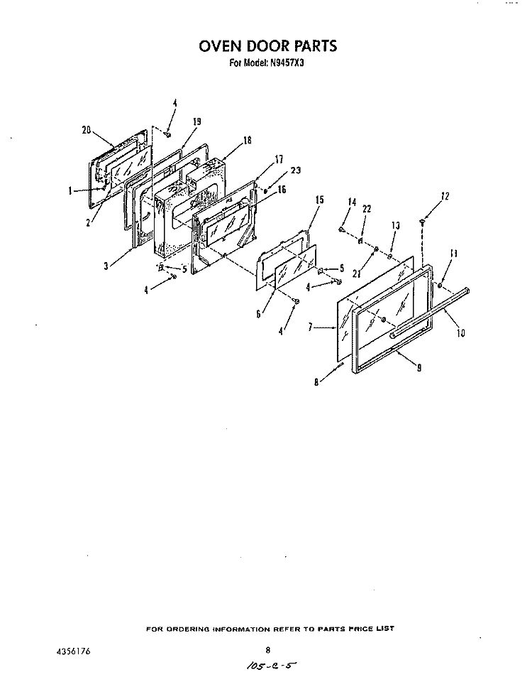 OVEN DOOR Diagram and Parts List for N9457X3  Roper Range