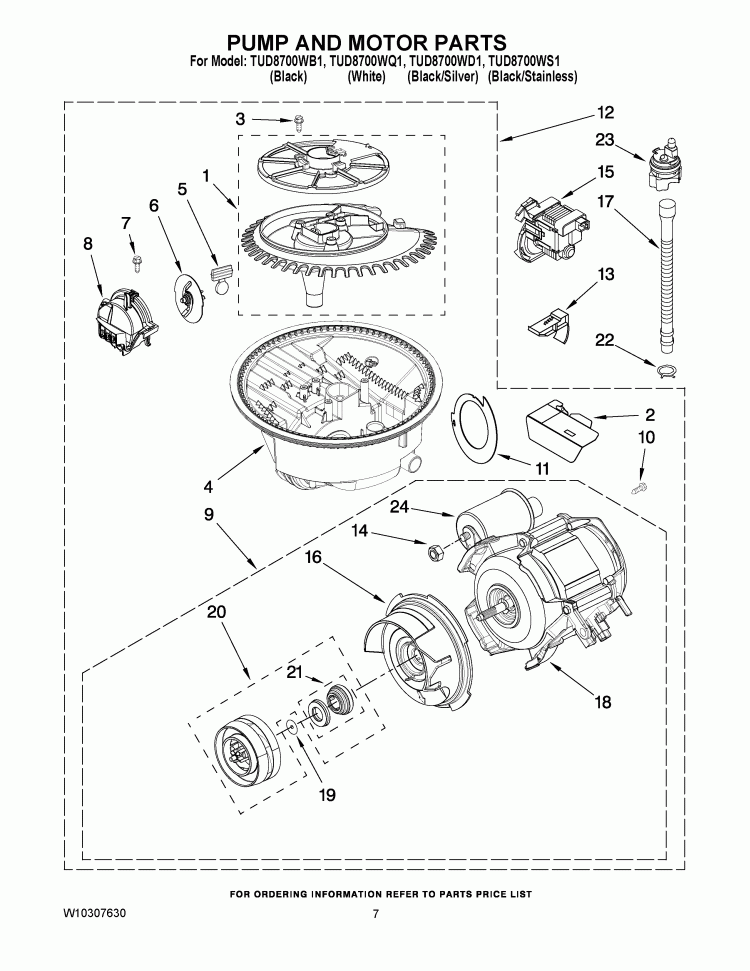 PUMP AND MOTOR PARTS Diagram and Parts List for TUD8700WS1  Estate Dishwasher