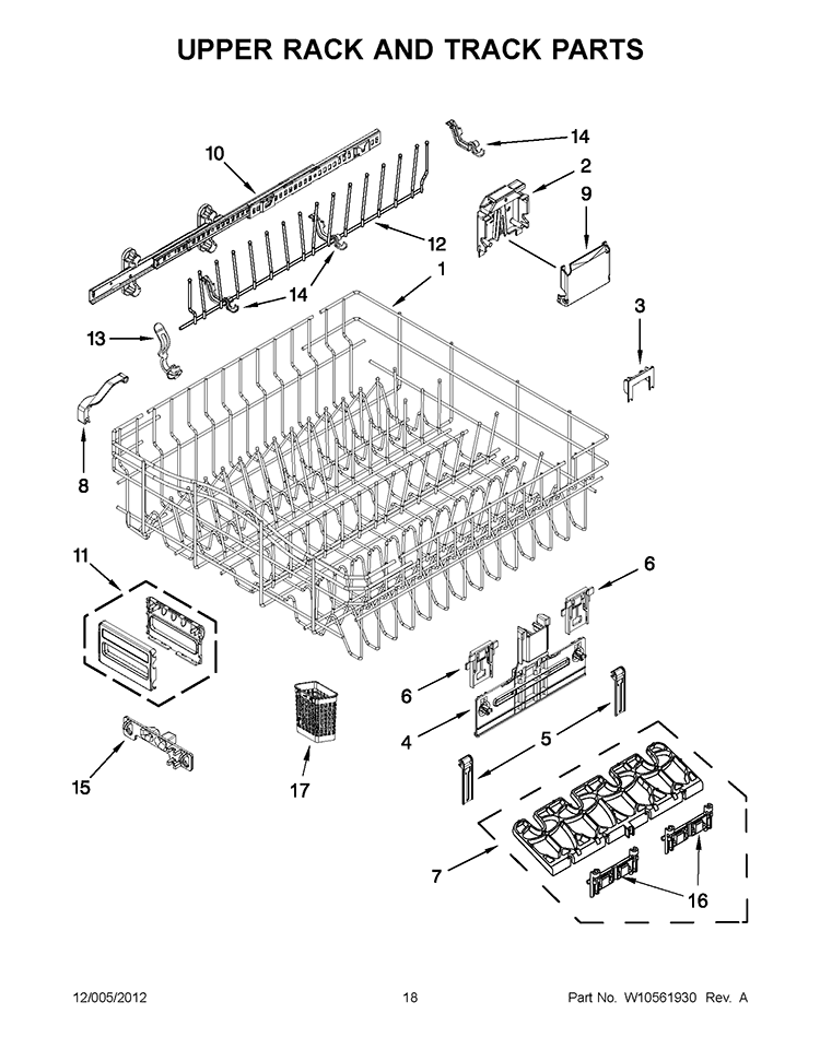 UPPER RACK AND TRACK PARTS Diagram and Parts List for KUDE60FXWH5  KitchenAid Dishwasher