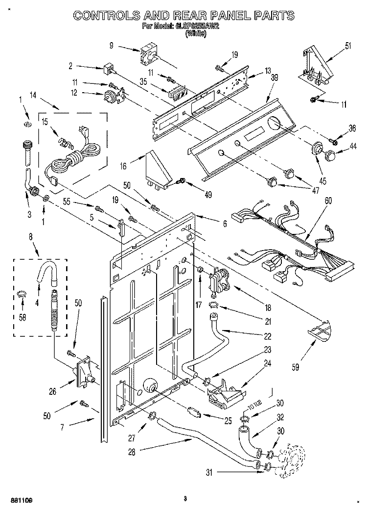 CONTROLS AND REAR PANEL Diagram and Parts List for 6LSP8255AW2  Whirlpool Washer
