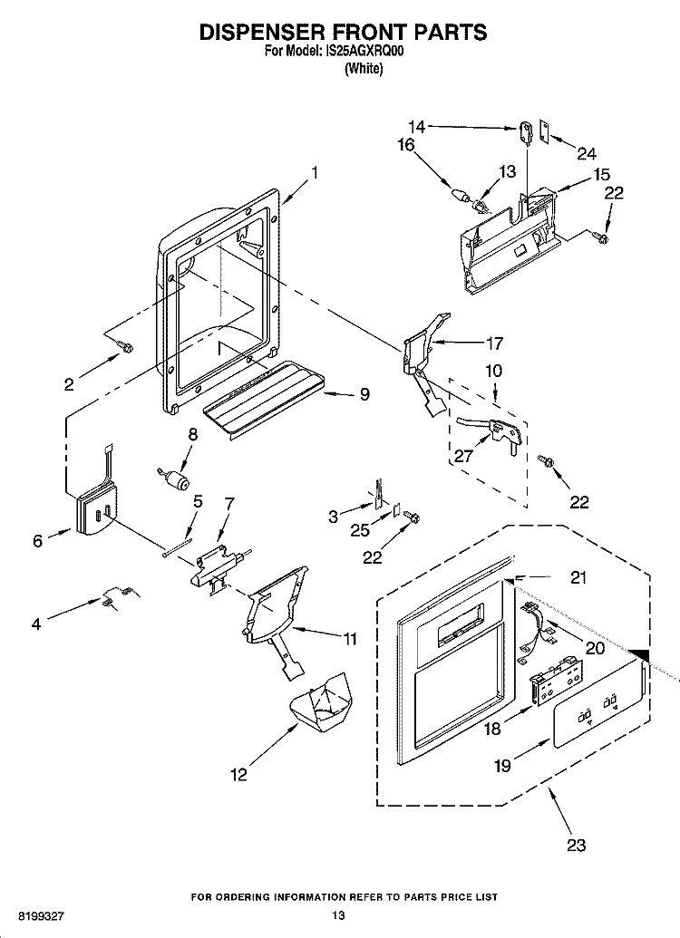 DISPENSER FRONT PARTS Diagram and Parts List for IS25AGXRQ00  Inglis Refrigerator