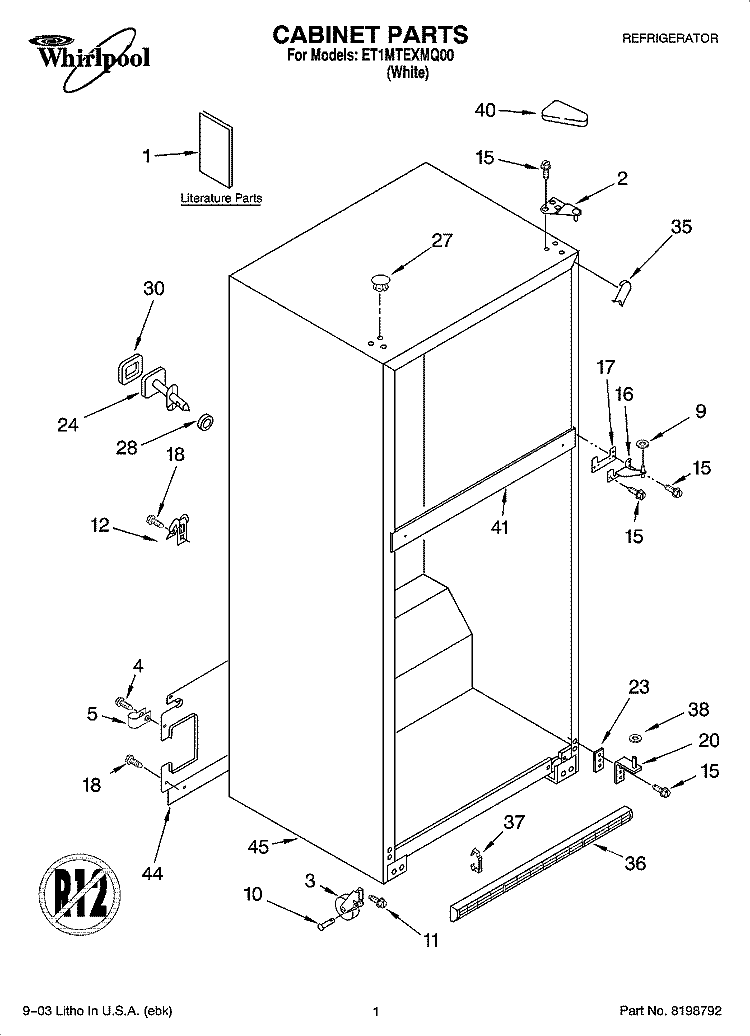 CABINET PARTS Diagram and Parts List for ET1MTEXMQ00  Whirlpool Refrigerator