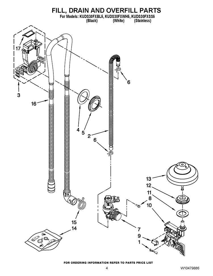 FILL, DRAIN AND OVERFILL PARTS Diagram and Parts List for KUDS30FXSS5  KitchenAid Dishwasher