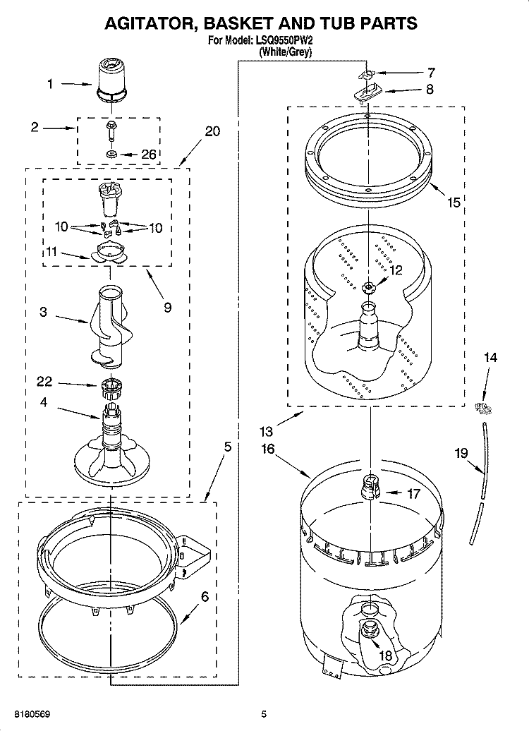 AGITATOR, BASKET AND TUB PARTS Diagram and Parts List for LSQ9550PW2  Whirlpool Washer