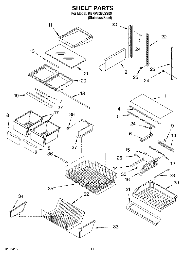 SHELF PARTS Diagram and Parts List for KBRP20ELSS00  KitchenAid Refrigerator