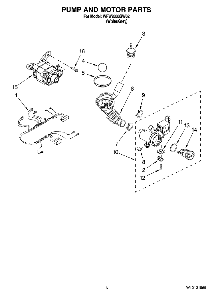 PUMP AND MOTOR PARTS Diagram and Parts List for WFW8300SW02  Whirlpool Washer