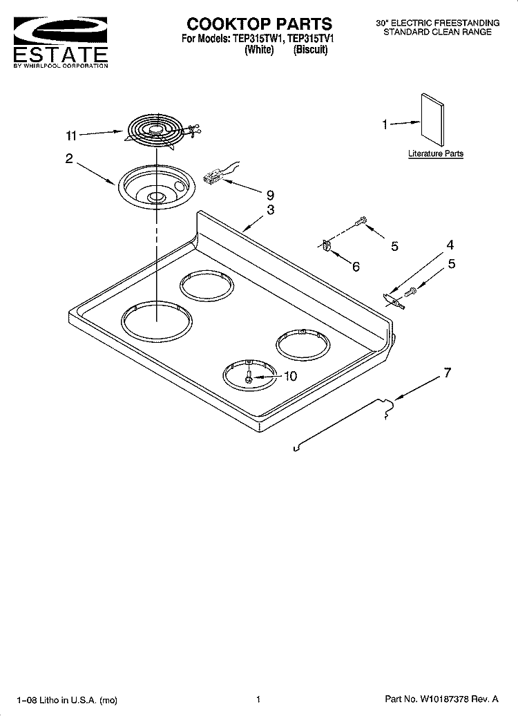 COOKTOP PARTS Diagram and Parts List for TEP315TV1  Estate Range