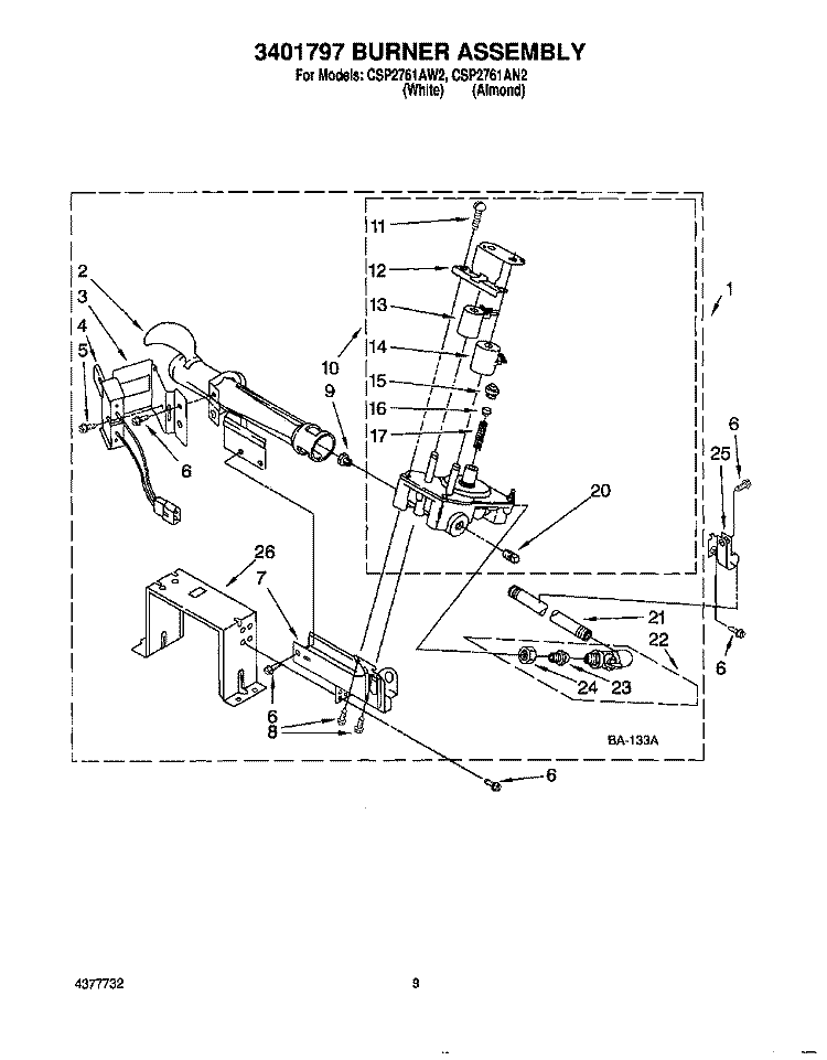 3401797 BURNER ASSEMBLY Diagram and Parts List for CSP2761AN2  Whirlpool Dryer